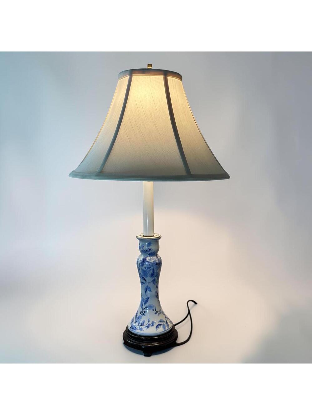Chinoiserie Porcelain Blue White Candlestick Table Lamp Botanical Floral Decor